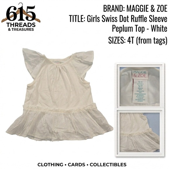 Maggie & Zoe Other - Maggie & Zoe Girls Swiss Dot Ruffle Sleeve Peplum Top White 4T